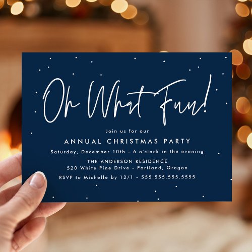 Modern Oh What Fun Script Navy Holiday Party Invitation