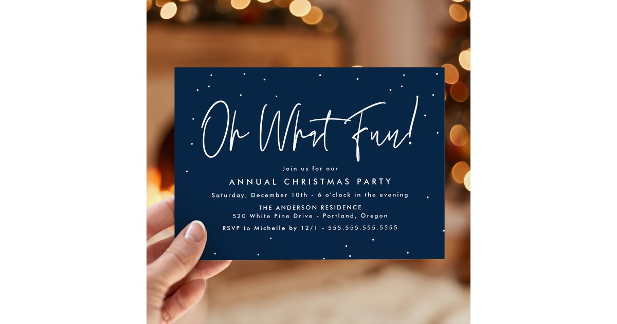 Modern Oh What Fun Script Navy Holiday Party Invitation | Zazzle