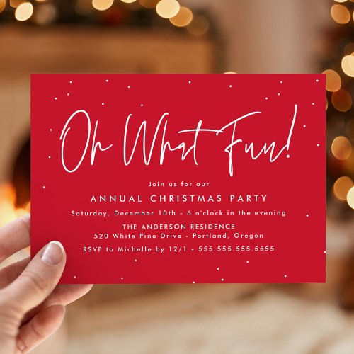 Modern Oh What Fun Script Red Holiday Party Invitation