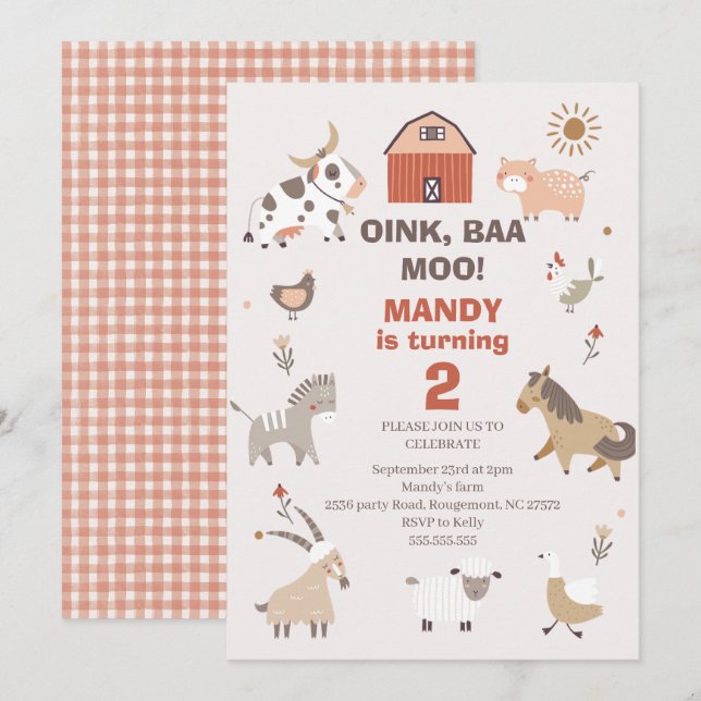 Modern Oink Baa Moo Farm Birthday Invitation (Front/Back)