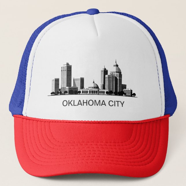 Modern Oklahoma City Stylized Skyline Trucker Hat (Front)