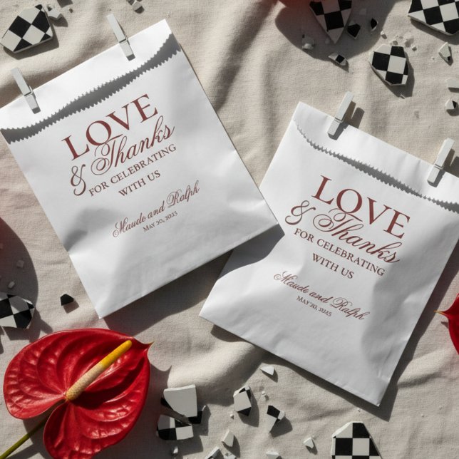 Modern Old Money Bold Red Love and Thanks Wedding  Favor Bag (Send guests home with gratitude and style using this Old Money Bold Red Wedding Favor Bag!)