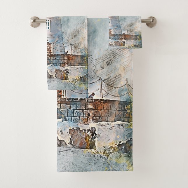 Modern old nautical coastal Lighthouse Bath Towel Set (Insitu)