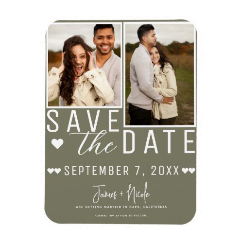 Modern Olive Beige Save the Date 2 Photo Wedding Magnet