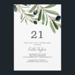 Modern Olive Branch 21st Birthday Party Invitation<br><div class="desc">This modern olive branch 21st birthday party invitation is perfect for a boho birthday party. The rustic yet elegant design features simple watercolor botanical green leaves and black olives on a small branch with a classic mediterranean feel.</div>
