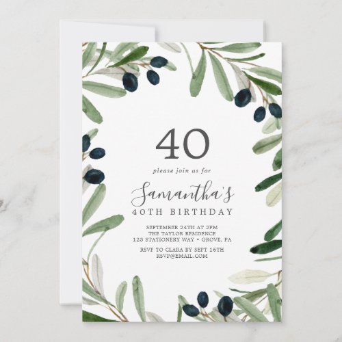 Modern Olive Branch 40th Birthday Invitation