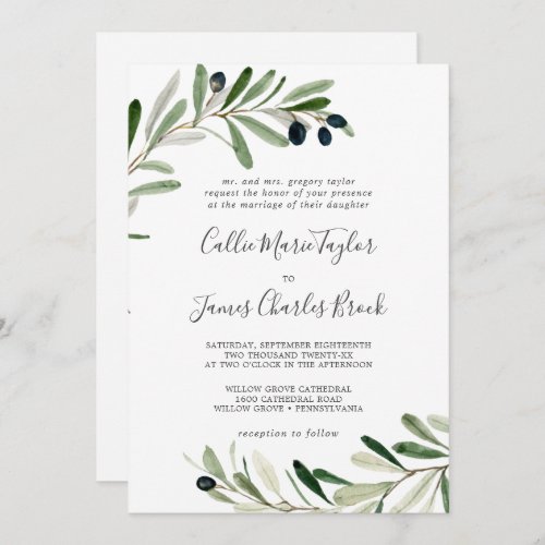 Modern Olive Branch All In One Wedding Invitation