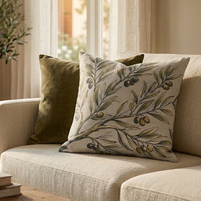 Modern Olive Branch Botanical Sage Green Pattern Throw Pillow (Creator Uploaded)