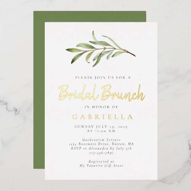 Modern Olive Branch Bridal Brunch Gold Foil Invitation (Front/Back)