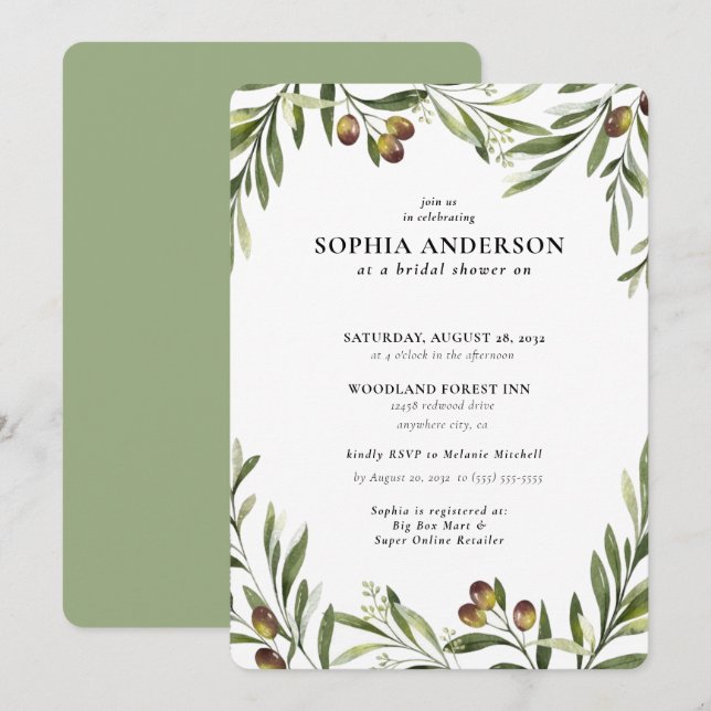 Modern Olive Branch Bridal Shower Invitation (Front/Back)