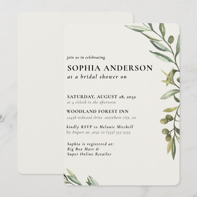 Modern Olive Branch Bridal Shower Invitation (Front/Back)
