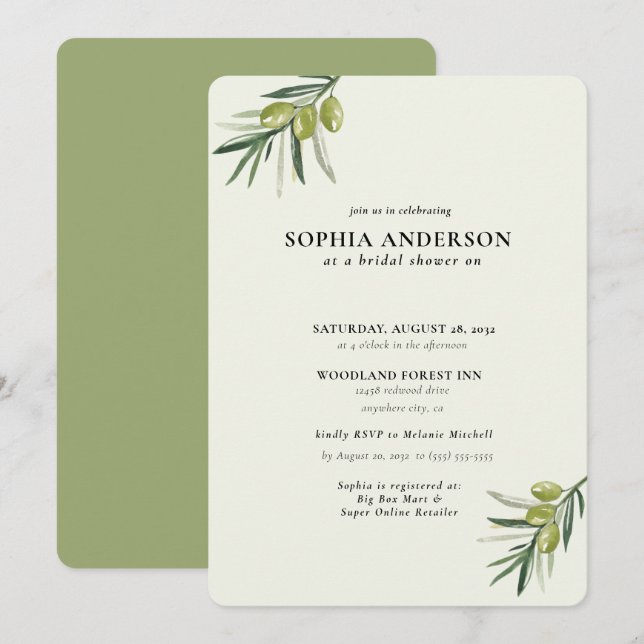 Modern Olive Branch Bridal Shower Invitation (Front/Back)