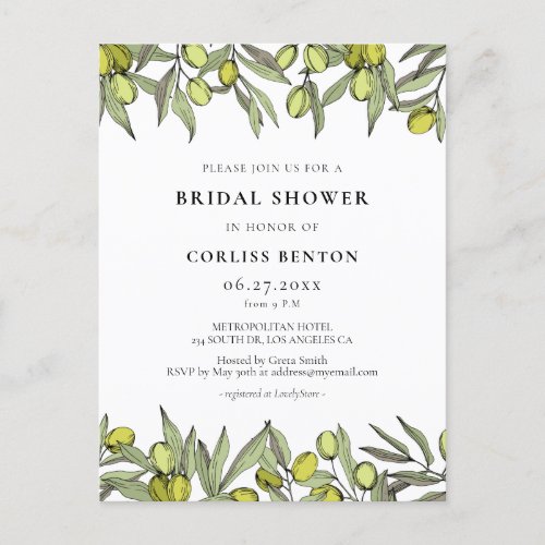 Modern Olive branch Bridal shower invitation Postcard