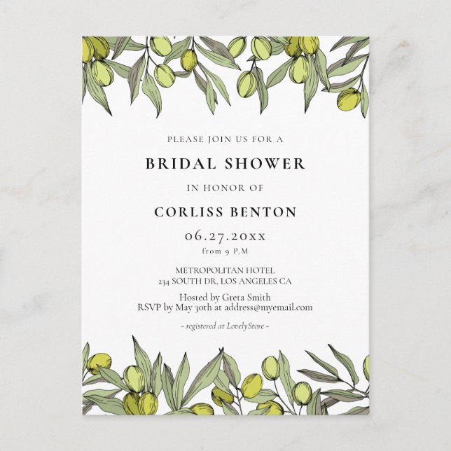 Modern Olive branch Bridal shower invitation Postcard (Front)