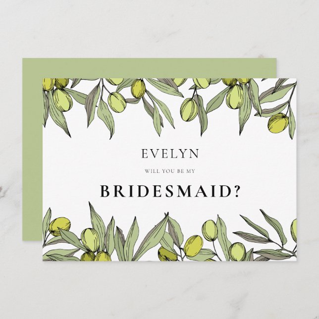 Modern Olive branch Bridesmaid proposal card (Front/Back)