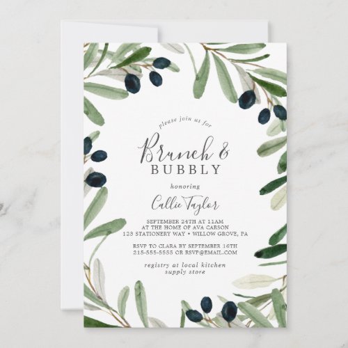Modern Olive Branch Brunch  Bubbly Bridal Shower Invitation
