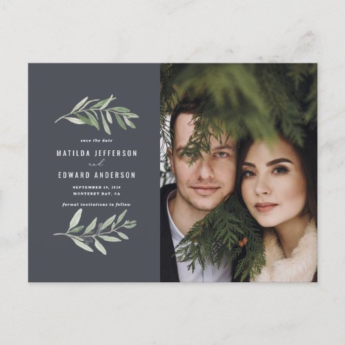 Modern olive branch foliage photo save the date holiday postcard