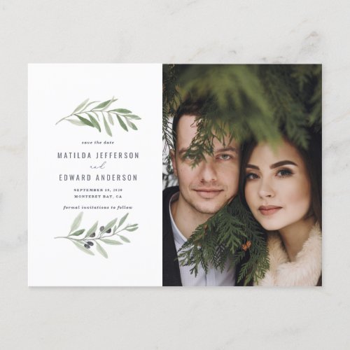 Modern olive branch foliage photo save the date holiday postcard