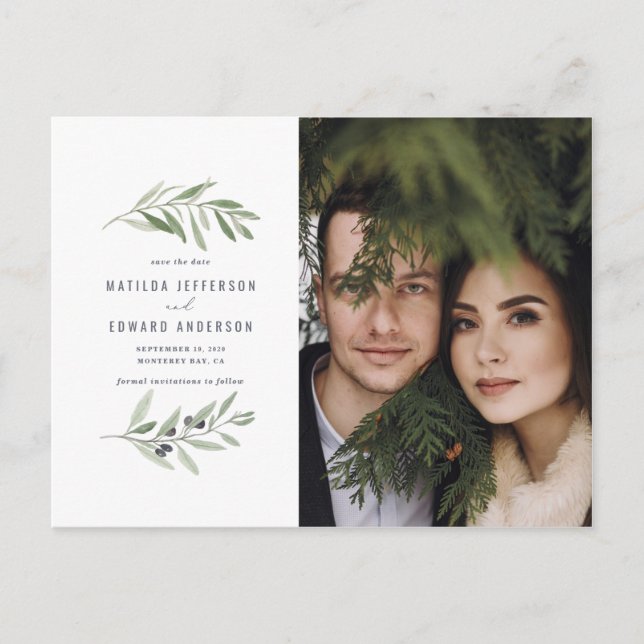 Modern olive branch foliage photo save the date holiday postcard (Front)