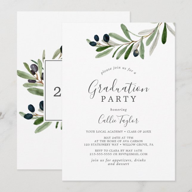 Modern Olive Branch Graduation Party Invitation (Front/Back)