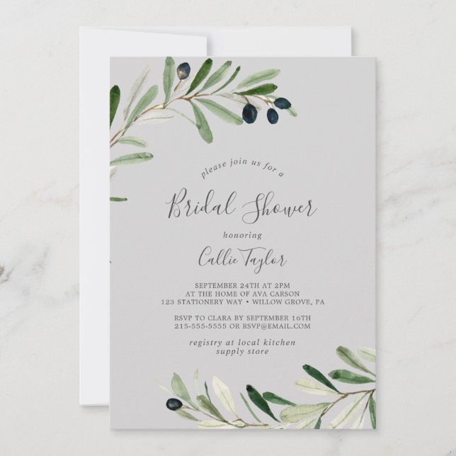 Modern Olive Branch | Gray Bridal Shower Invitation (Front)
