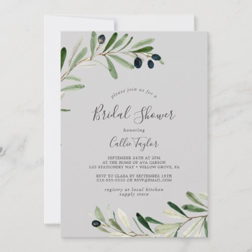 Modern Olive Branch  Gray Bridal Shower Invitation