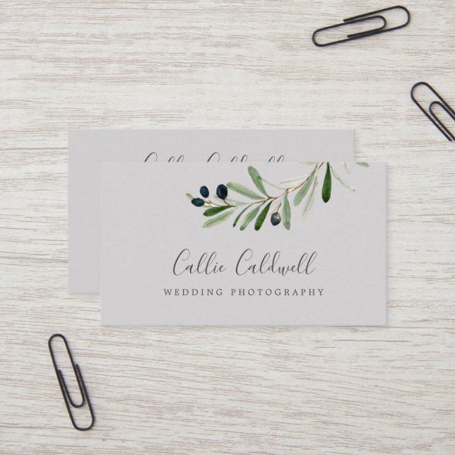 Modern Olive Branch | Gray Business Card (Front/Back In Situ)