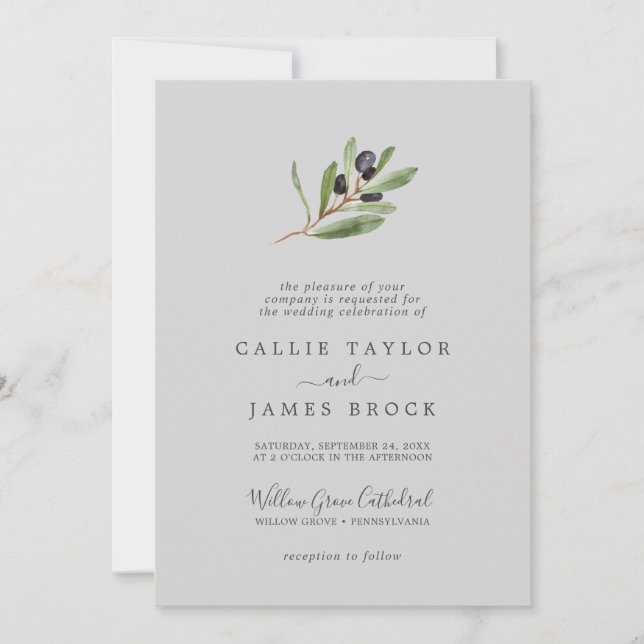 Modern Olive Branch | Gray Formal Wedding Invitation (Front)