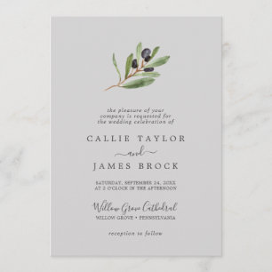 Modern Olive Branch   Gray Formal Wedding Invitation