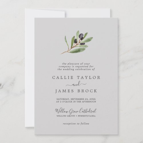 Modern Olive Branch  Gray Formal Wedding Invitation