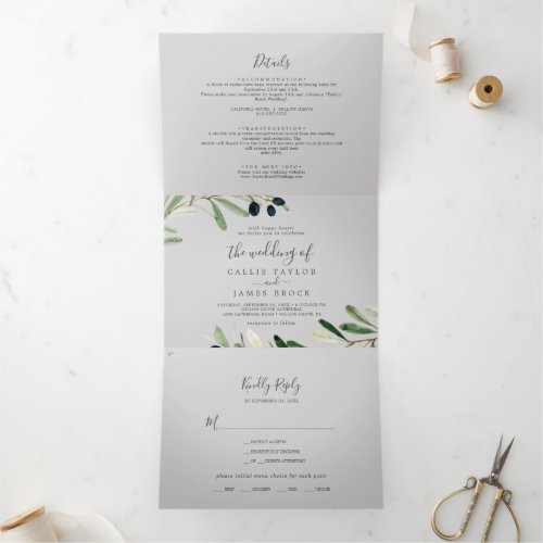 Modern Olive Branch Gray Photo Wedding All In One Tri_Fold Invitation