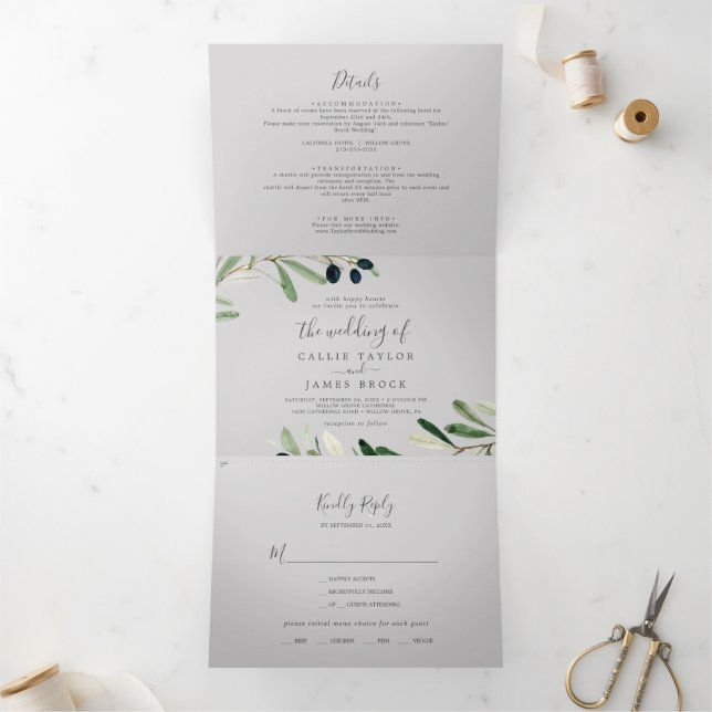Modern Olive Branch Gray Photo Wedding All In One Tri-Fold Invitation (Inside)