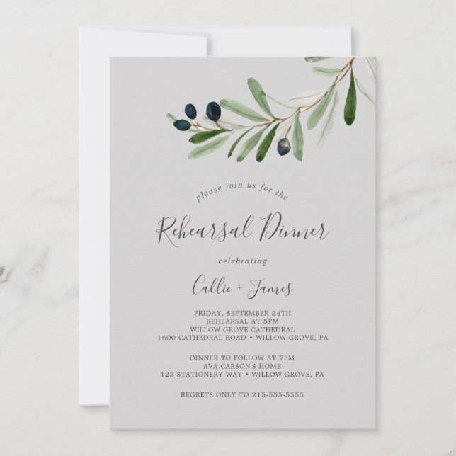 Modern Olive Branch | Gray Rehearsal Dinner Invitation (Front)