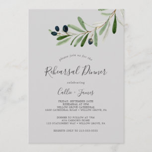 Modern Olive Branch Gray Rehearsal Dinner Invitation