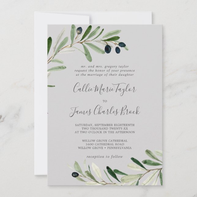 Modern Olive Branch | Gray Traditional Wedding Invitation (Front)