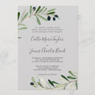 Modern Olive Branch   Gray Traditional Wedding Invitation