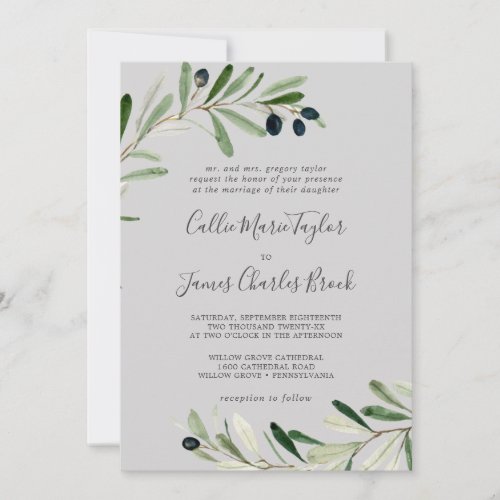Modern Olive Branch  Gray Traditional Wedding Invitation