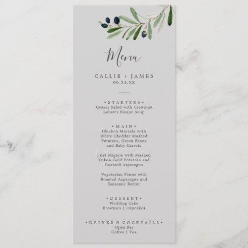 Modern Olive Branch  Gray Wedding Dinner Menu