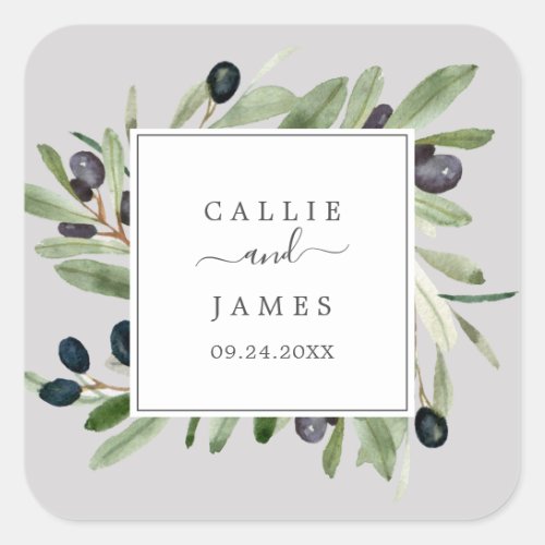 Modern Olive Branch  Gray Wedding Envelope Seals