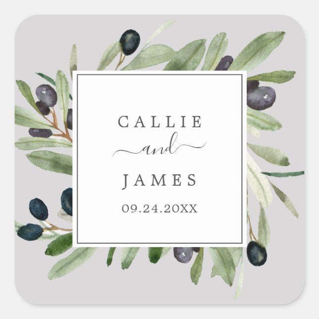 Modern Olive Branch | Gray Wedding Envelope Seals (Front)