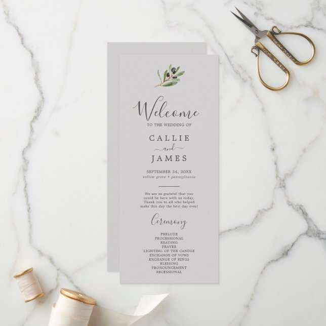 Modern Olive Branch | Gray Wedding Program (Front/Back In Situ)