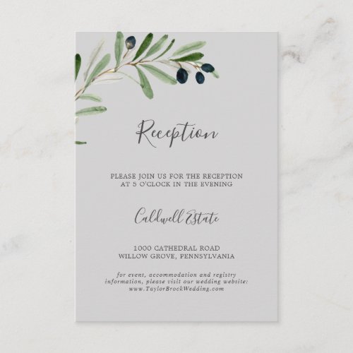 Modern Olive Branch  Gray Wedding Reception Enclosure Card
