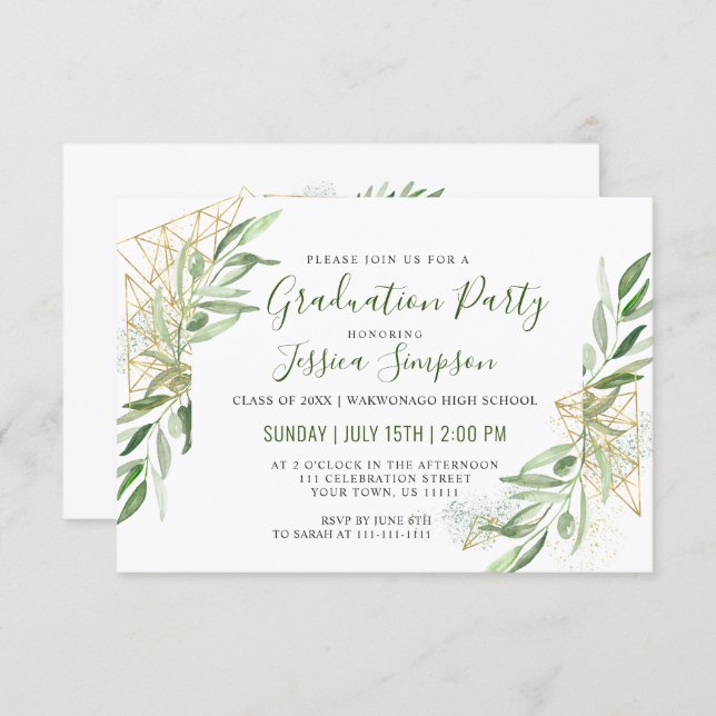 Modern Olive Branch Greenery Graduation Party Invitation (Front/Back)