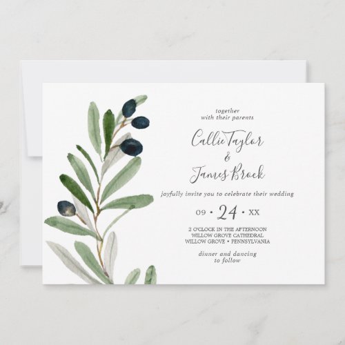 Modern Olive Branch Horizontal Wedding Invitation