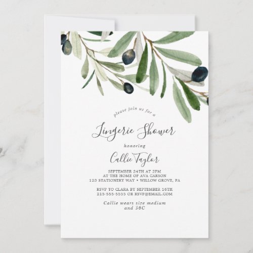 Modern Olive Branch Lingerie Shower Invitation