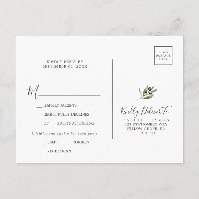 Modern Olive Branch Menu Choice RSVP Postcard (Back)