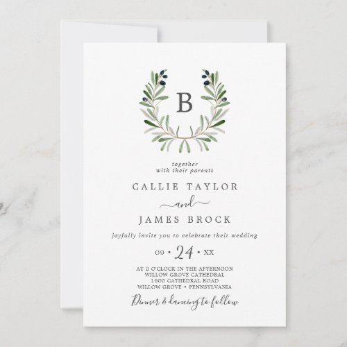 Modern Olive Branch Monogram Wedding Invitation