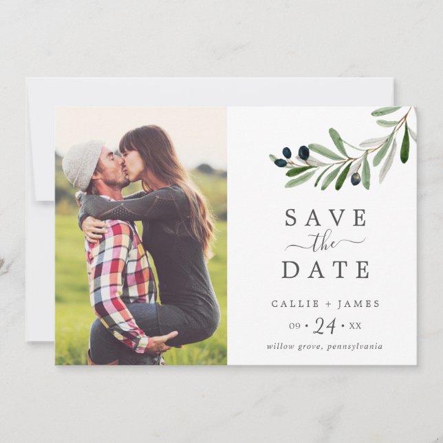 Modern Olive Branch Photo Save the Date Card (Front)