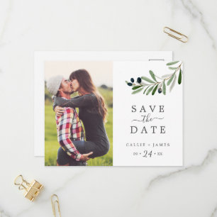 Modern Olive Branch Photo Save the Date Invitation Postcard
