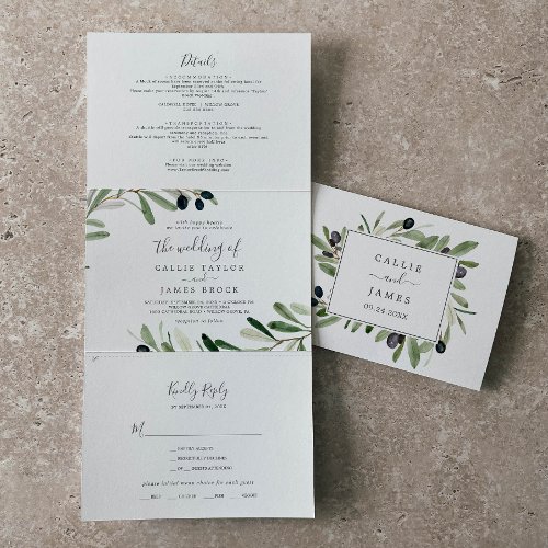 Modern Olive Branch Photo Wedding All In One Tri_Fold Invitation
